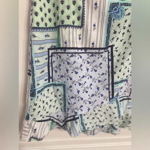 LOFT Patchwork Floral Mini Skirt Ruffle Blue Mint Green Tie Waist Size 8 Cotton - Picture 6 of 8